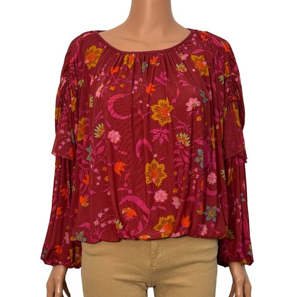 Free People Wild Flower Honey Blouson Floral Peasant Top Red Berry Women’s Small - Picture 4 of 13